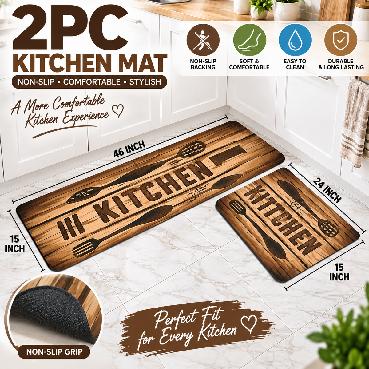 2PC Anti Slip Water Absorbent Runner With Mat – Wooden Kitchen