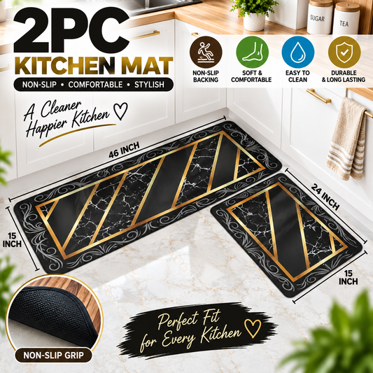 2PC Anti Slip Water Absorbent Runner With Mat – Black Gold Geometric