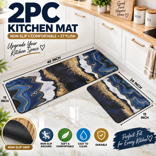 2PC Anti Slip Water Absorbent Runner With Mat – Blue Gold Marble