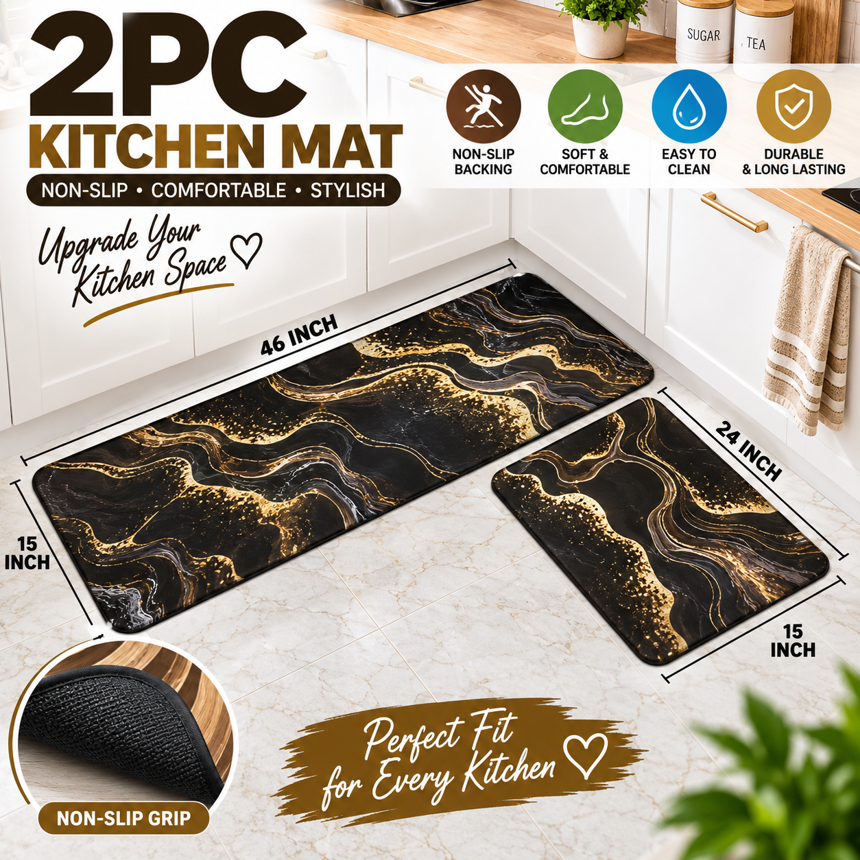 2PC Anti Slip Water Absorbent Runner With Mat – Black Gold Marble