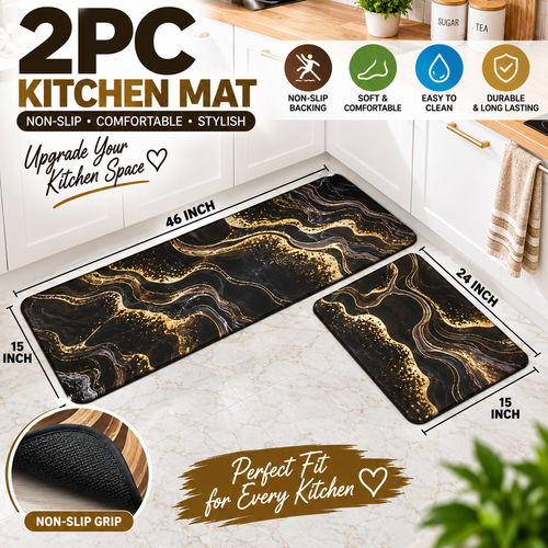 2PC Anti Slip Water Absorbent Runner With Mat – Black Gold Marble
