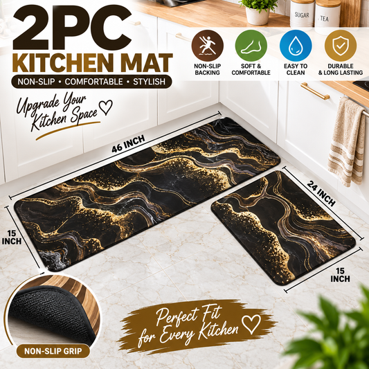 2PC Anti Slip Water Absorbent Runner With Mat – Black Gold Marble