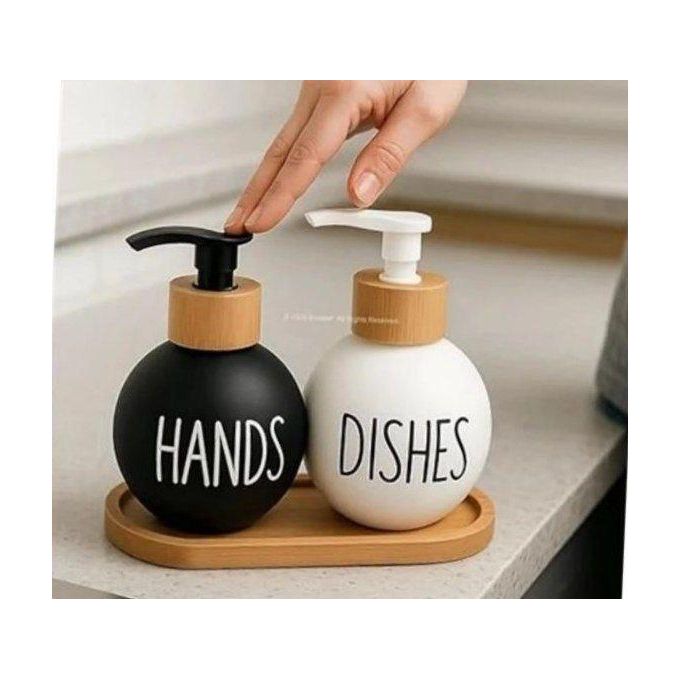 Round Soap Dispenser Set with Bamboo Pump – Refillable Hand & Dish Soap Bottles for Kitchen & Bathroom