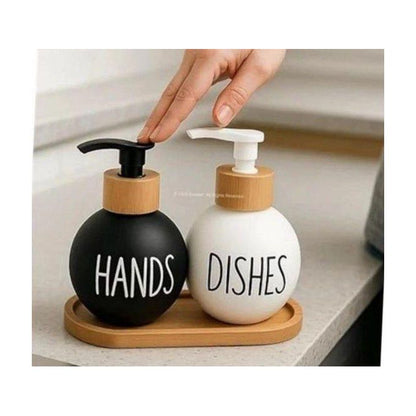 Round Soap Dispenser Set with Bamboo Pump – Refillable Hand & Dish Soap Bottles for Kitchen & Bathroom