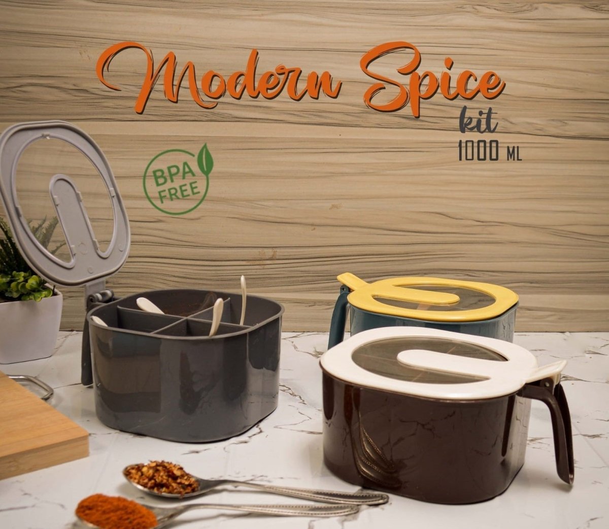 4 Grid Masala Box with Spoons – Spice Storage Organizer - Saadiq.pk