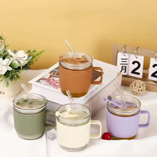 400ml Anti - Scald Coffee Mug with Straw | Mini Insulated Glass Cup for Hot & Cold - Saadiq.pk