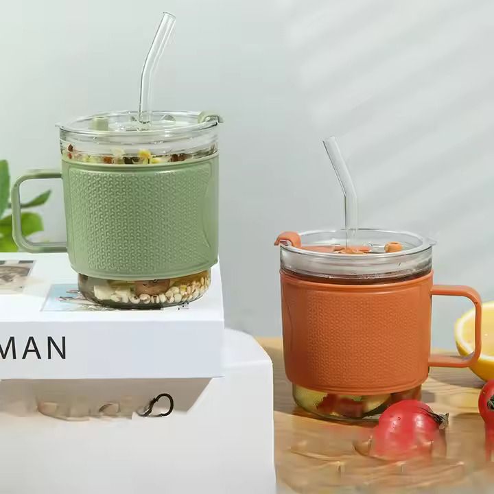 400ml Anti - Scald Coffee Mug with Straw | Mini Insulated Glass Cup for Hot & Cold - Saadiq.pk
