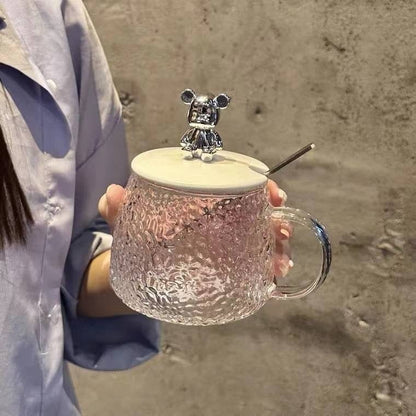 400ml Bear Glass Mug with Lid & Spoon | Cute Textured Crystal Tea & Coffee Cup - Saadiq.pk