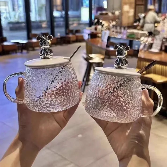 400ml Bear Glass Mug with Lid & Spoon | Cute Textured Crystal Tea & Coffee Cup - Saadiq.pk