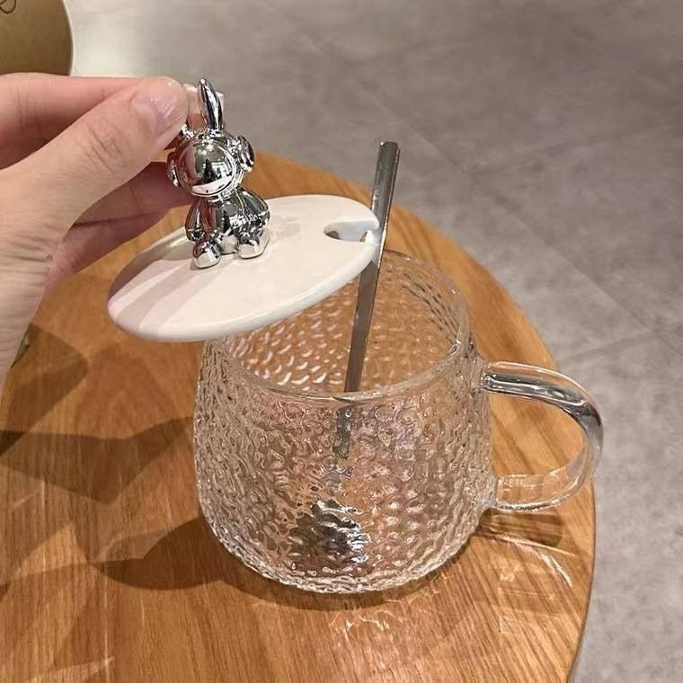 400ml Bear Glass Mug with Lid & Spoon | Cute Textured Crystal Tea & Coffee Cup - Saadiq.pk