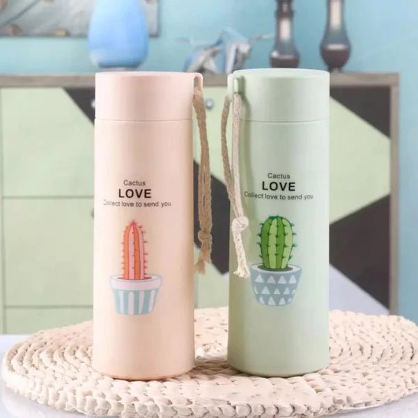 400ml Cactus Glass Water Bottle – Leak - Proof, BPA - Free | Cute Insulated Bottle for School & Office - Saadiq.pk