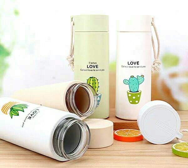 400ml Cactus Glass Water Bottle – Leak - Proof, BPA - Free | Cute Insulated Bottle for School & Office - Saadiq.pk