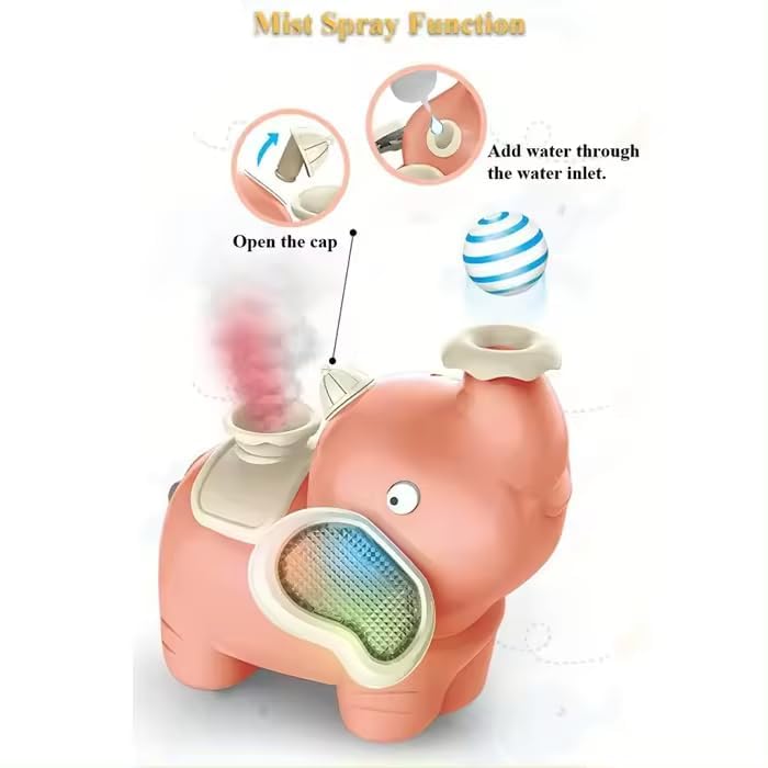 Musical Elephant Mist Spray Toy | Moving Bump & Go Toy with Lights, Music & Floating Ball