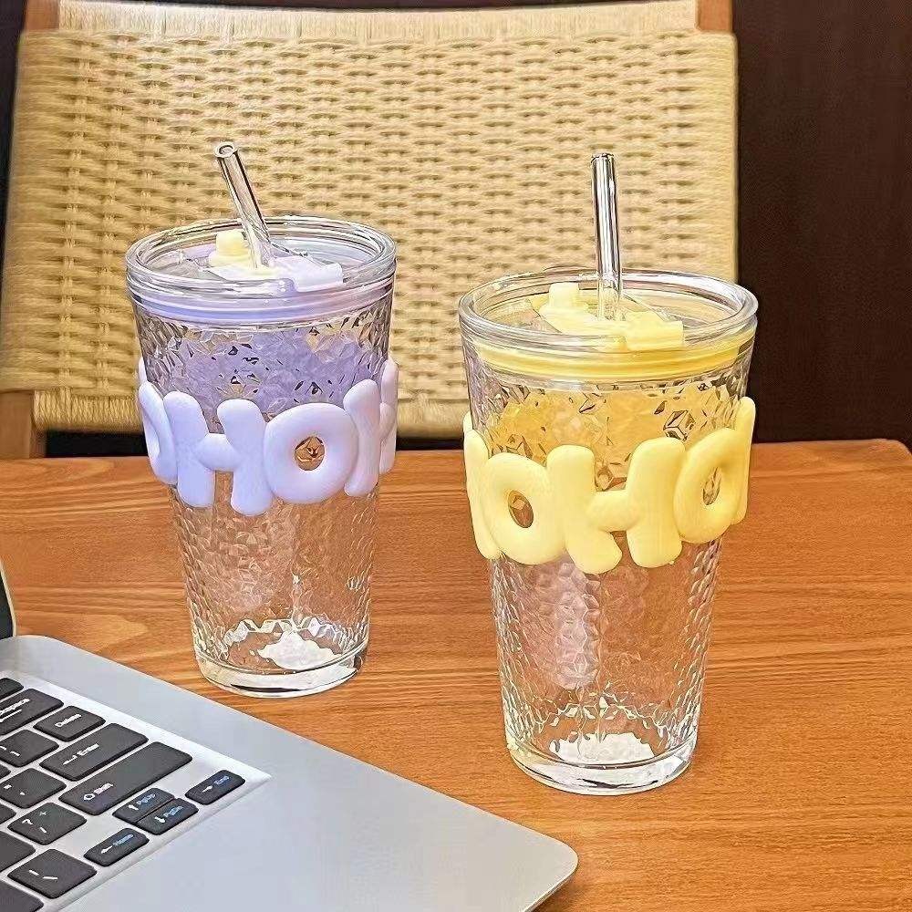 450ml Glass With Straw Coffee Cup Anti - scald Letter Sleeve Double Wall Glass Water Milk Juice Tea Coffee Cups - Saadiq.pk