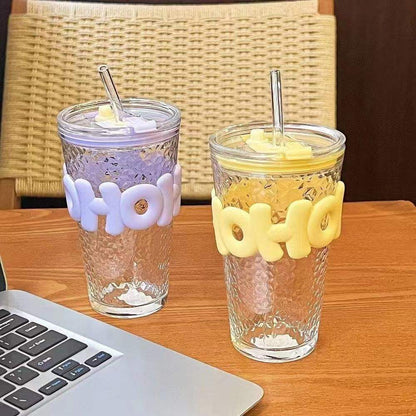 450ml Glass With Straw Coffee Cup Anti - scald Letter Sleeve Double Wall Glass Water Milk Juice Tea Coffee Cups - Saadiq.pk
