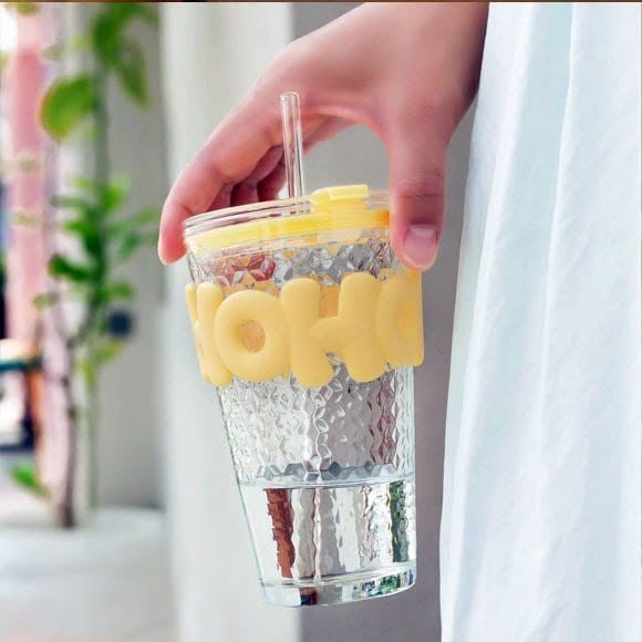 450ml Glass With Straw Coffee Cup Anti - scald Letter Sleeve Double Wall Glass Water Milk Juice Tea Coffee Cups - Saadiq.pk