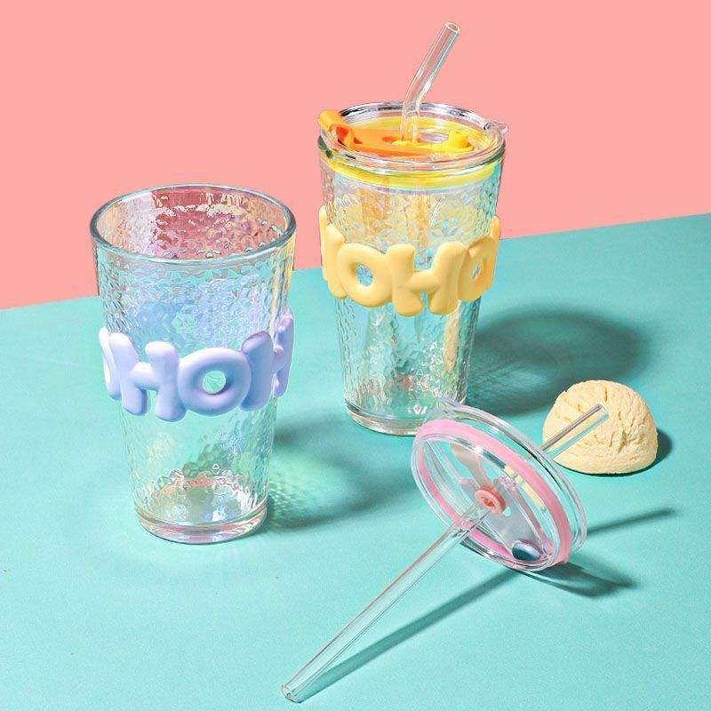 450ml Glass With Straw Coffee Cup Anti - scald Letter Sleeve Double Wall Glass Water Milk Juice Tea Coffee Cups - Saadiq.pk
