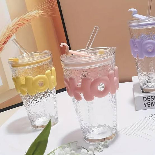 450ml Glass With Straw Coffee Cup Anti - scald Letter Sleeve Double Wall Glass Water Milk Juice Tea Coffee Cups - Saadiq.pk