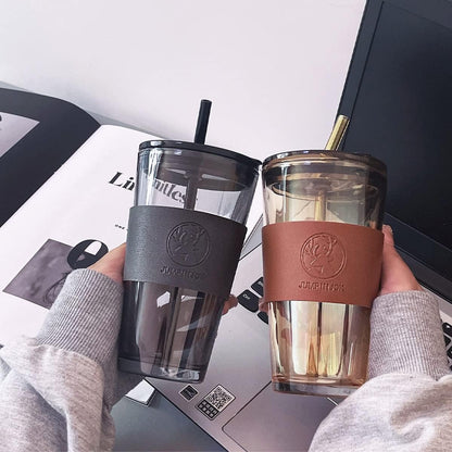 450ml High Quality Coffee Glass Tumbler with Straw – Reusable Drink Cup - Saadiq.pk
