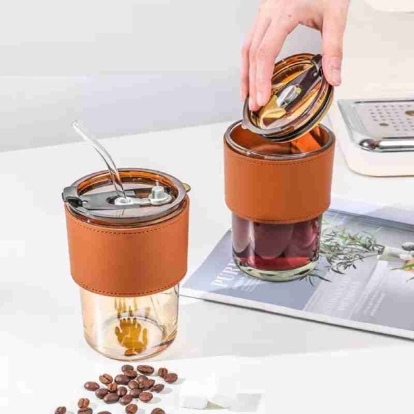 450ml High Quality Coffee Glass Tumbler with Straw – Reusable Drink Cup - Saadiq.pk