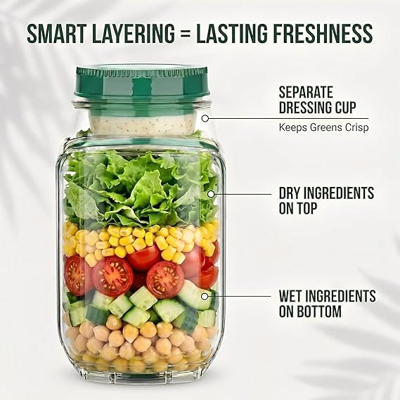 Leak-Proof Glass Salad Jar with Dressing Container | Portable Meal Prep & Food Storage Jar