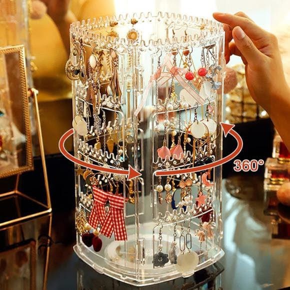 Transparent Acrylic 360‑Degree Rotating Jewelry Organizer | Earring, Necklace & Ring Display Stand