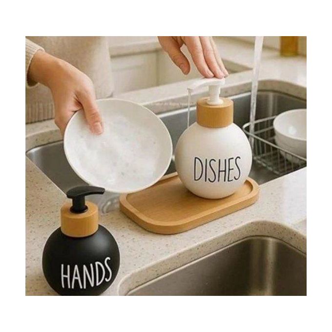 Round Soap Dispenser Set with Bamboo Pump – Refillable Hand & Dish Soap Bottles for Kitchen & Bathroom