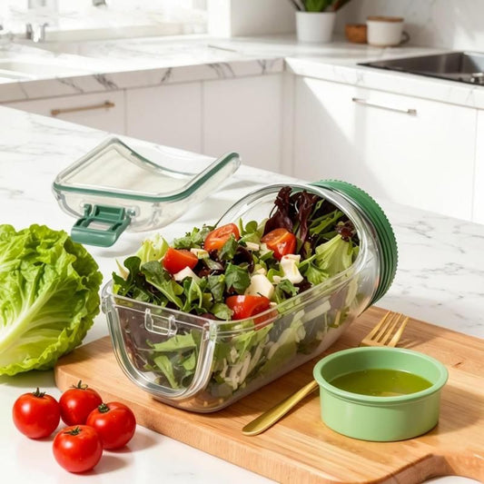 Leak-Proof Glass Salad Jar with Dressing Container | Portable Meal Prep & Food Storage Jar