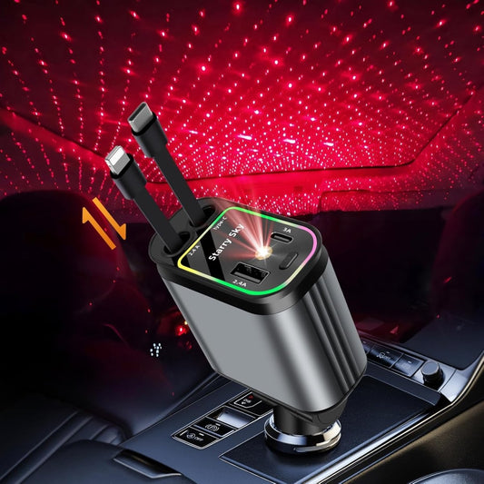 4‑in‑1 Retractable Car Charger with Star Sky Light – Fast Charging with Type‑C, iPhone Cable & USB Port - Saadiq.pk