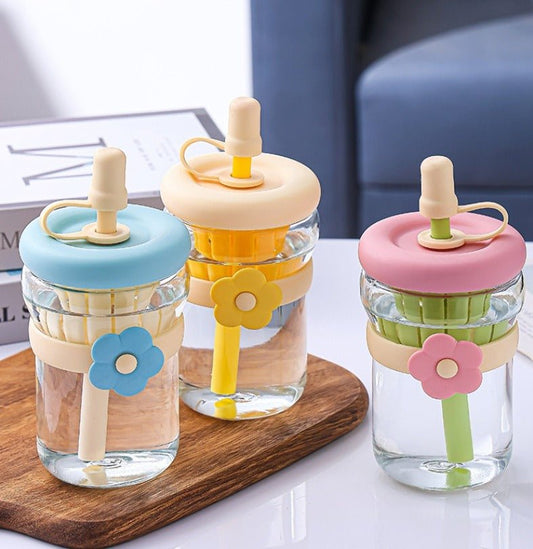 500ml Flower Design Glass Tumbler – Water & Tea Cup with Straw | Cute Office Drinking Bottle - Saadiq.pk