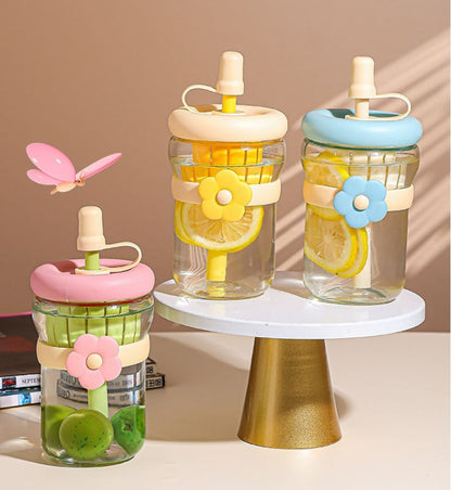 500ml Flower Design Glass Tumbler – Water & Tea Cup with Straw | Cute Office Drinking Bottle - Saadiq.pk