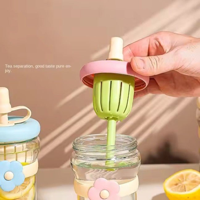 500ml Flower Design Glass Tumbler – Water & Tea Cup with Straw | Cute Office Drinking Bottle - Saadiq.pk