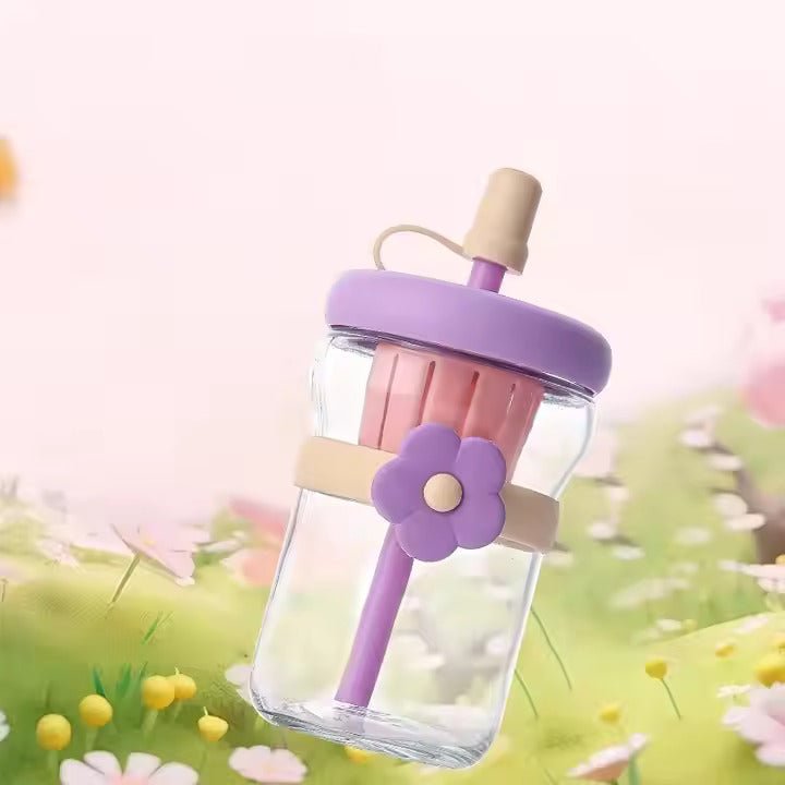 500ml Flower Design Glass Tumbler – Water & Tea Cup with Straw | Cute Office Drinking Bottle - Saadiq.pk