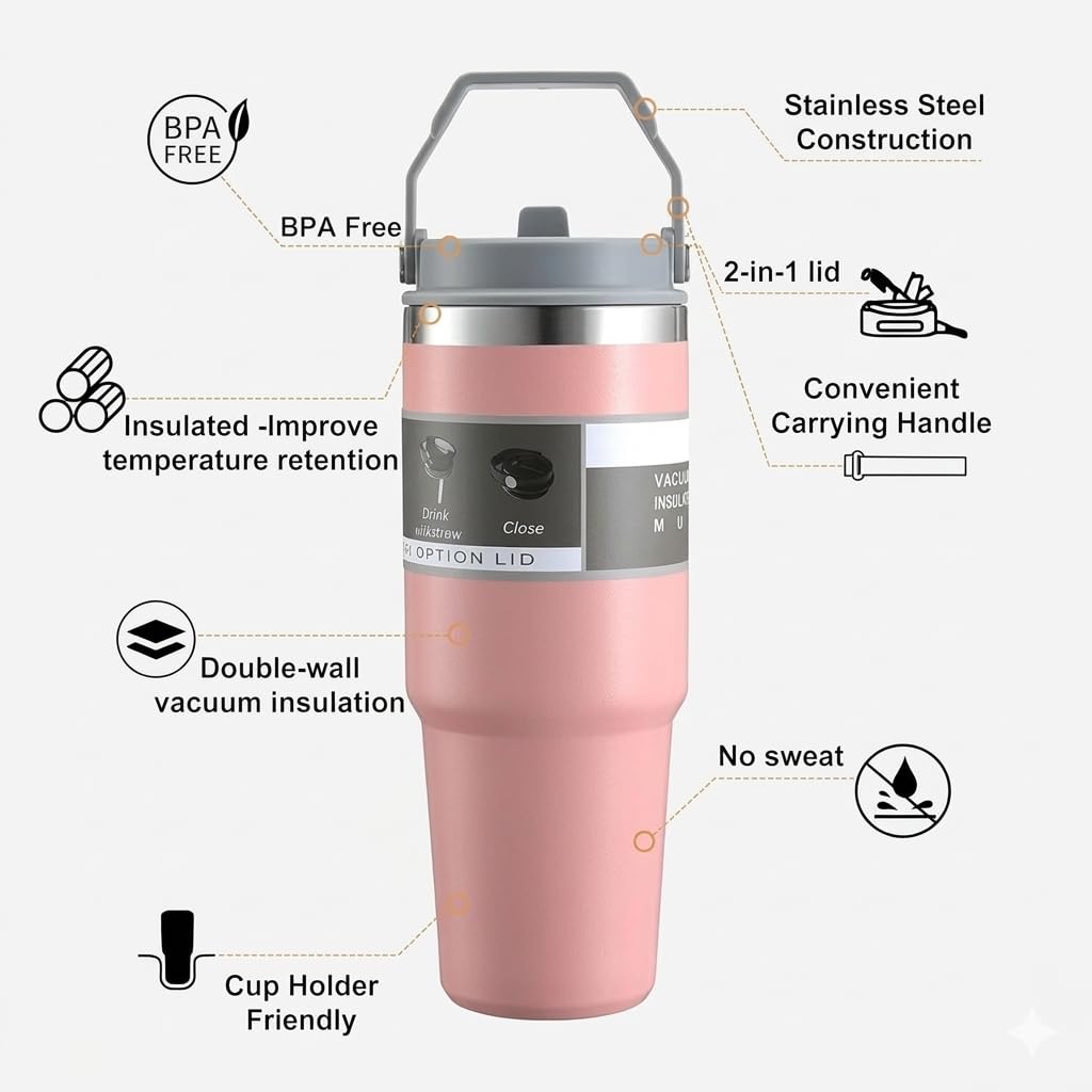 900ML Vacuum Insulated Stainless Steel Travel Tumbler with Straw Lid & Handle
