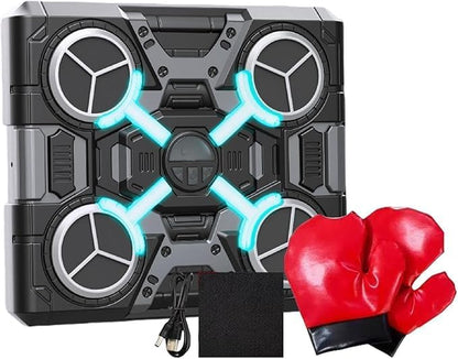 Black and gray drone with glowing blue lights and a red boxing glove on a white background