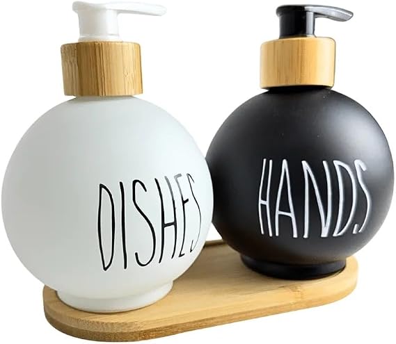 Round Soap Dispenser Set with Bamboo Pump – Refillable Hand & Dish Soap Bottles for Kitchen & Bathroom