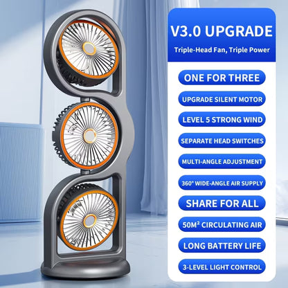 V3.0 Triple Head Rechargeable Cooling Fan – 360° Portable Air Circulation Fan