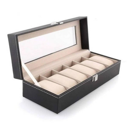 6 - Slot PU Leather Wrist Watch Storage Box – Elegant Watch Holder & Display Case Organizer - Saadiq.pk