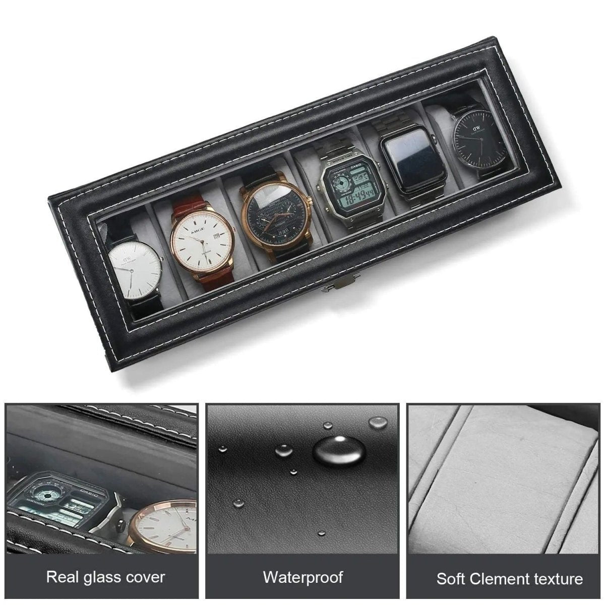 6 - Slot PU Leather Wrist Watch Storage Box – Elegant Watch Holder & Display Case Organizer - Saadiq.pk