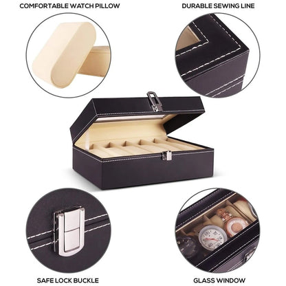6 - Slot PU Leather Wrist Watch Storage Box – Elegant Watch Holder & Display Case Organizer - Saadiq.pk