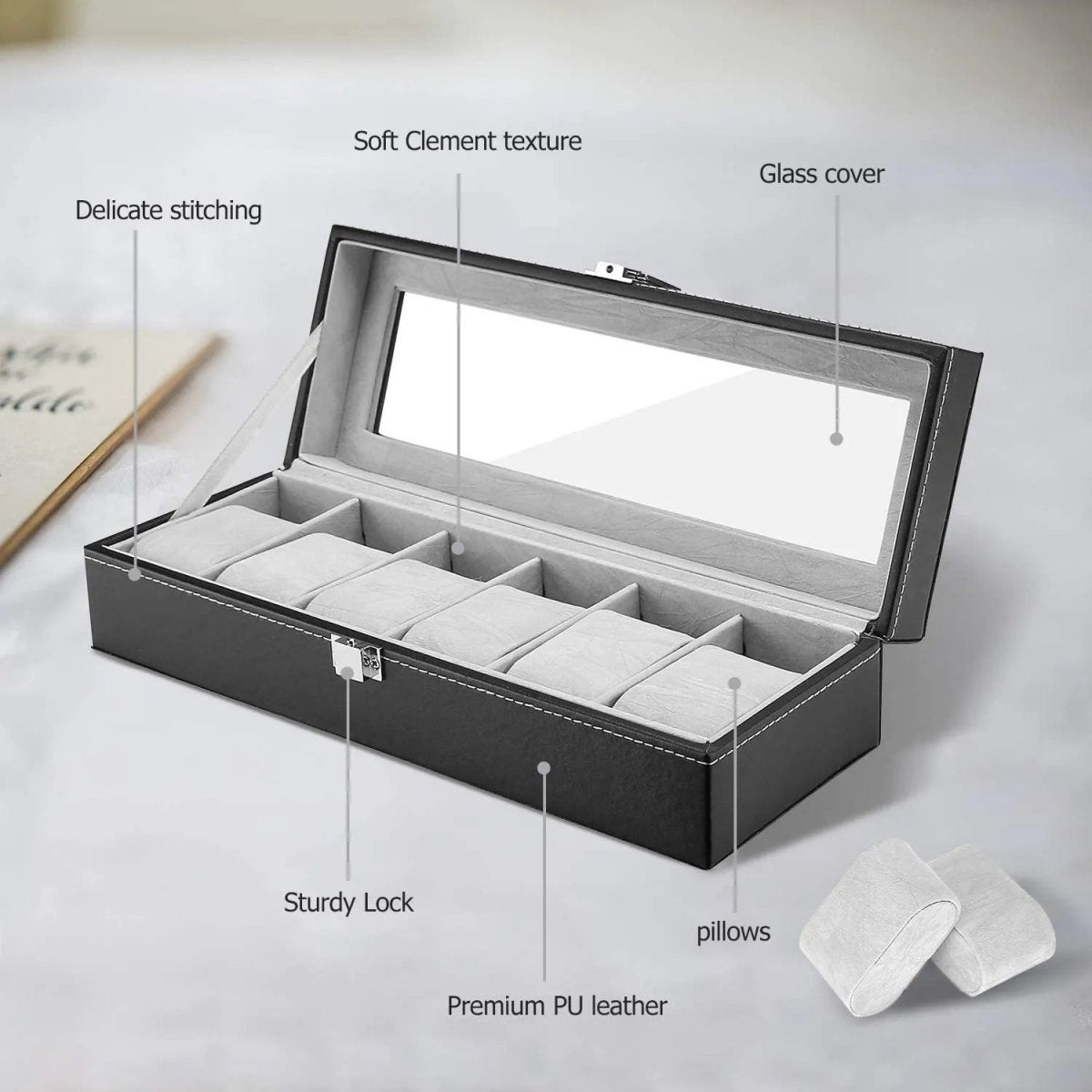 6 - Slot PU Leather Wrist Watch Storage Box – Elegant Watch Holder & Display Case Organizer - Saadiq.pk