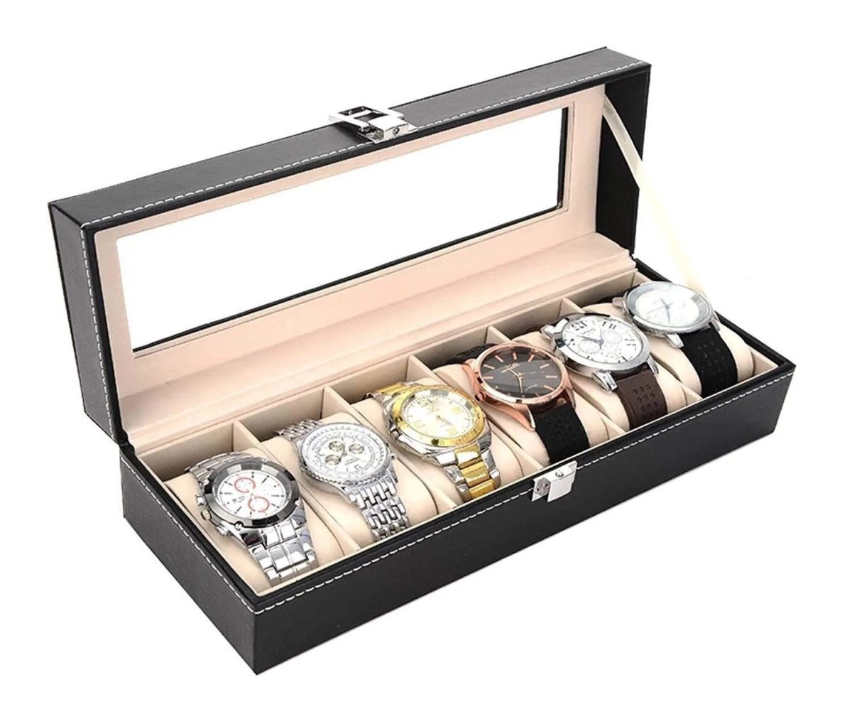 6 - Slot PU Leather Wrist Watch Storage Box – Elegant Watch Holder & Display Case Organizer - Saadiq.pk