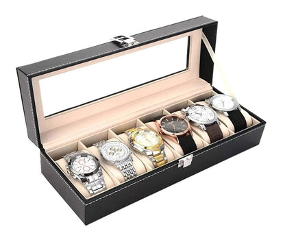 6 - Slot PU Leather Wrist Watch Storage Box – Elegant Watch Holder & Display Case Organizer - Saadiq.pk