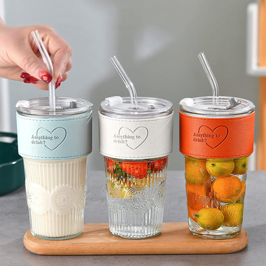 600ml Embossed Glass Cup with Lid & Straw | Insulated Holder | Perfect for Juice, Iced Coffee & Smoothies - Saadiq.pk