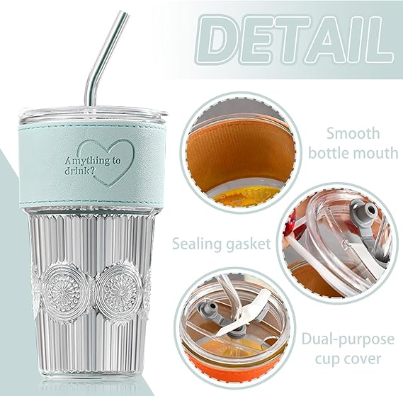 600ml Embossed Glass Cup with Lid & Straw | Insulated Holder | Perfect for Juice, Iced Coffee & Smoothies - Saadiq.pk