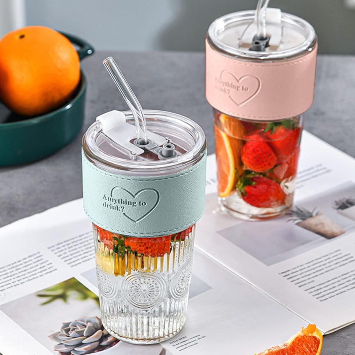 600ml Embossed Glass Cup with Lid & Straw | Insulated Holder | Perfect for Juice, Iced Coffee & Smoothies - Saadiq.pk