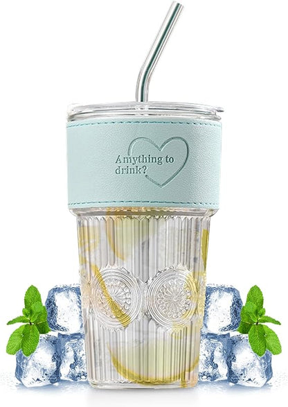 600ml Embossed Glass Cup with Lid & Straw | Insulated Holder | Perfect for Juice, Iced Coffee & Smoothies - Saadiq.pk