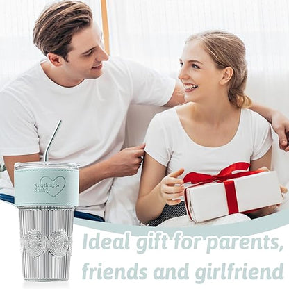 600ml Embossed Glass Cup with Lid & Straw | Insulated Holder | Perfect for Juice, Iced Coffee & Smoothies - Saadiq.pk