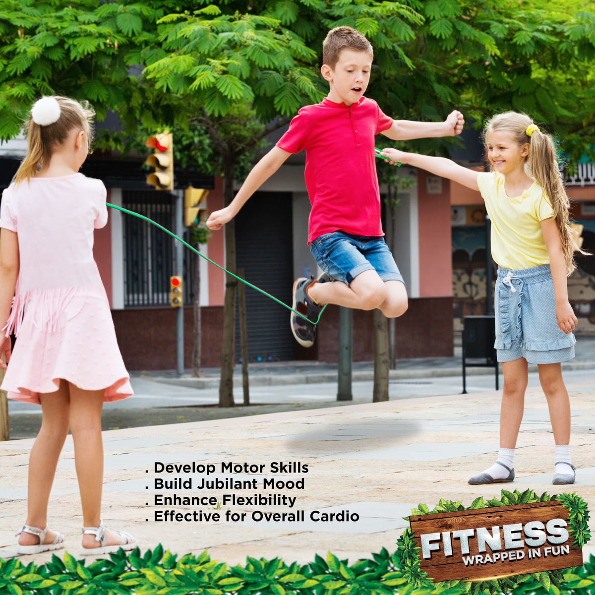 Children playing jump rope on a sidewalk with greenery in the background