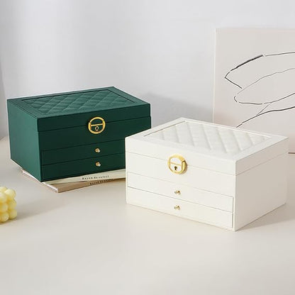 3 Layer PU Leather Jewelry Storage Organizer Box with Lock